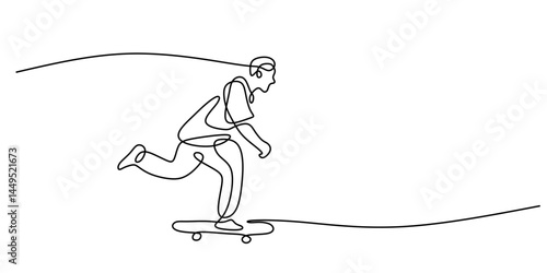 Single Line Art Male Skateboarder. Urban Sport Activity Minimal Vector.
