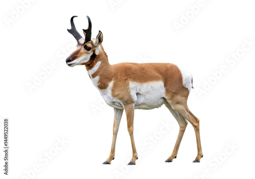 Pronghorn antelope in profile its coat a mix of brown  white against a black background