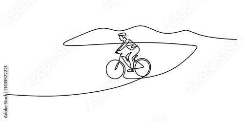 Single Line Art Man Cycling Mountains. Outdoor Activity Minimalist Adventure Vector Art.