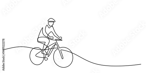 Simple Continuous Line Man Riding Bicycle. Active Lifestyle Minimalist Vector Graphic.