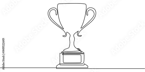 Continuous One Line Large Trophy Cup. Champion Award Minimalist Vector Art.