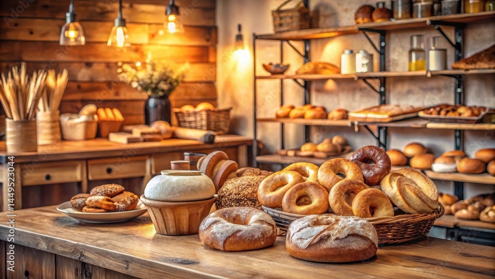 Freshly baked bread and gourmet donuts displayed on a wooden counter in a cozy boutique bakery shop with rustic decor, soft natural light, and warm atmosphere, Bread, Bakery Freshly baked bread and gourmet donuts displayed on a wooden counter in a cozy boutique bakery shop with rustic decor, soft natural light, and warm atmosphere, Bread, Bakery