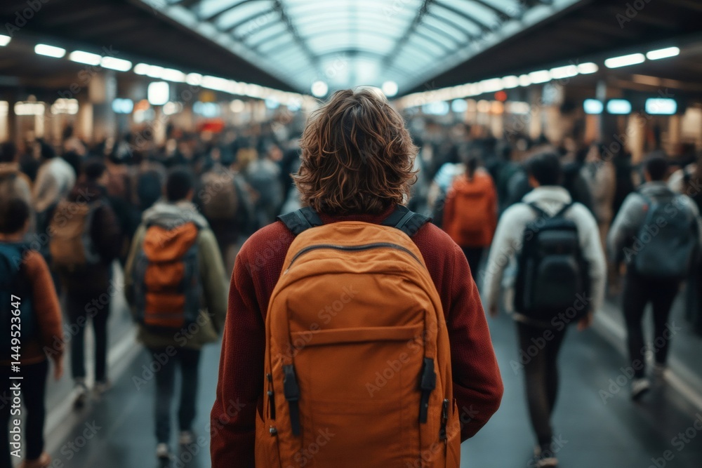 Young traveler with orange backpack walking in crowded station Young traveler with orange backpack walking in crowded station