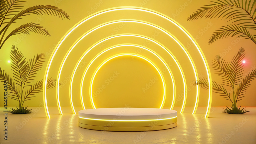 Obraz premium Neon yellow futuristic showcase, round product display stage with glowing background, 3d illustration.