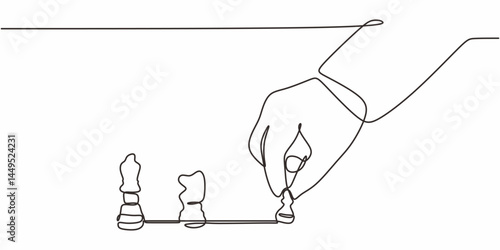 Continuous One Line Hand Chess Move. Strategic Thinking Minimalist Vector Graphic.