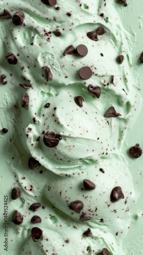 Close up view of mint chocolate chip ice cream texture.