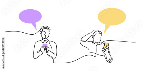 Minimalist One Line Two People Phones. Talking Communication Theme Vector Graphic.