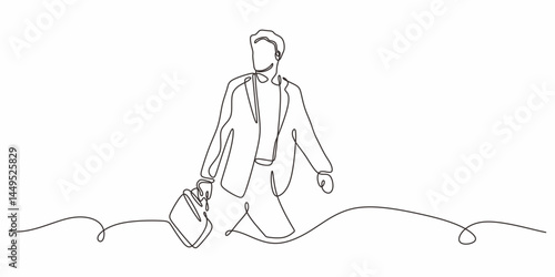 Single Line Drawing Professional Walking Briefcase. Mobile Business Minimalist Vector.