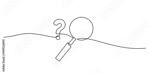 Minimalist One Line Vector Question Mark Magnifier. Inquiry Curiosity Concept Art.