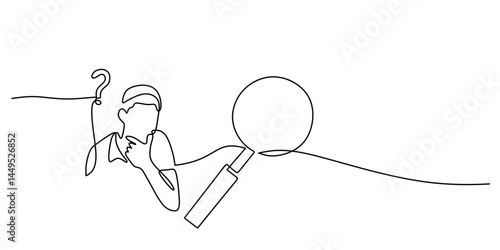 Single Line Drawing Man Magnifier. Contemplating Reflection Investigation Vector.