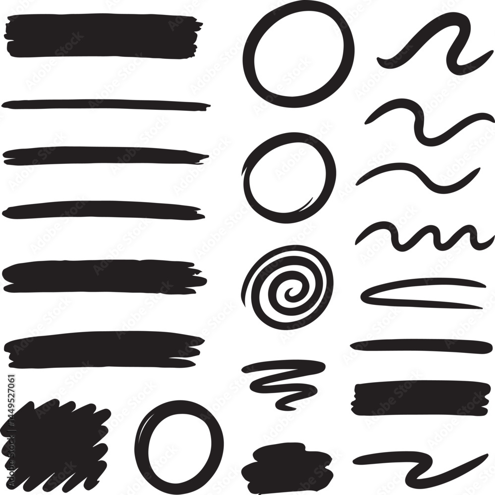 Hand drawn brush stroke and scribble ink style elements Set vector illustration Hand drawn brush stroke and scribble ink style elements Set vector illustration