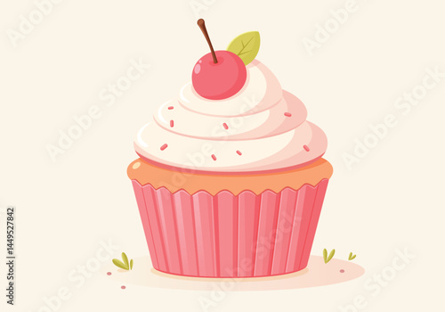 Delicious cupcake with cherry on top, in flat vector style. Vector festive sweet desserts for a birthday or small celebration 