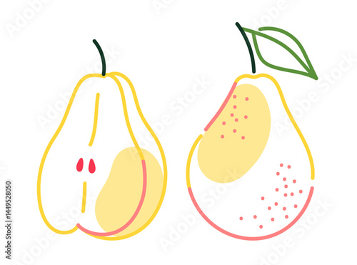 Whole pears and cut in half drawn in minimalistic linear style. Flat vector illustration on white background. Healthy food and fruit concept