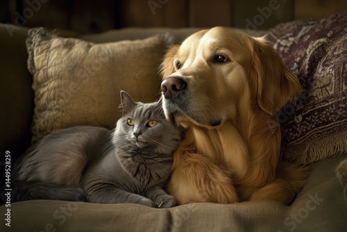 Wallpaper Mural Golden retriever and grey cat cuddling on the couch near cushions. Use to show friendship, companionship, or even animal product ads. Torontodigital.ca
