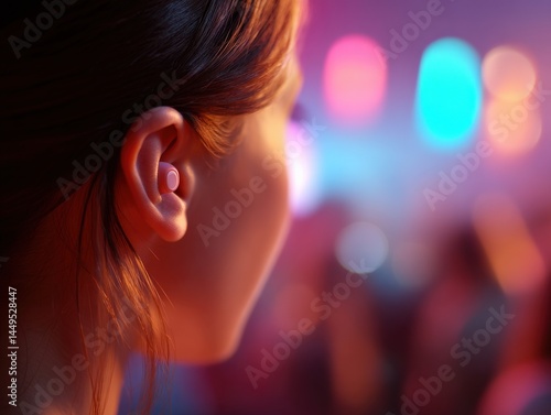 Wallpaper Mural Realistic close-up of ear fitted with modern concert earplug, background filled with colorful stage lighting and crowd blur, audio protection in action, Selective Focus, Copy Space.. Torontodigital.ca