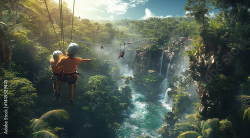 Fototapeta Naklejka Na Ścianę i Meble -  family enjoying thrilling zipline adventure over lush jungle landscape, surrounded by vibrant greenery and cascading waterfalls, creating sense of excitement and connection with nature