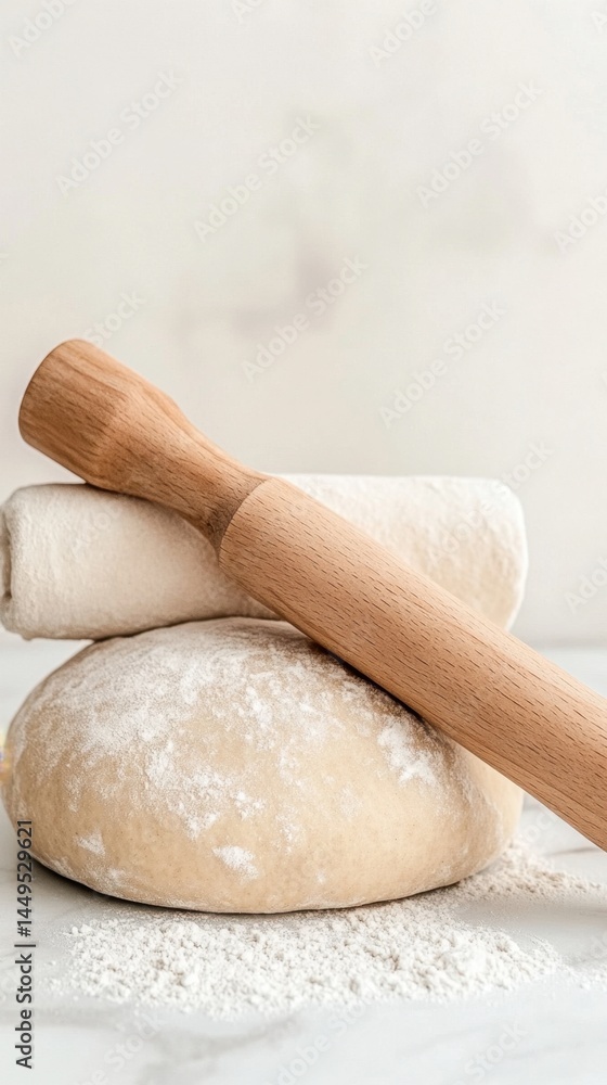 Dough ball and rolled dough resting with wooden rolling pin on marble surface dusted with flour against a soft white backdrop Dough ball and rolled dough resting with wooden rolling pin on marble surface dusted with flour against a soft white backdrop
