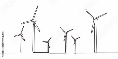 Minimalist One Line Drawing Six Wind Turbines. Wind Energy Clean Power Symbol Vector.