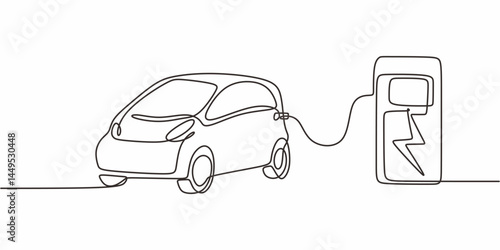 Minimalist Vector Electric Car Charging. Station Sustainable Transport Technology Concept Art.