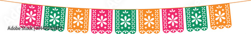 Mexican papel picado paper. Festive garland for Cinco de Mayo celebration. Vector illustration isolated on transparent background.