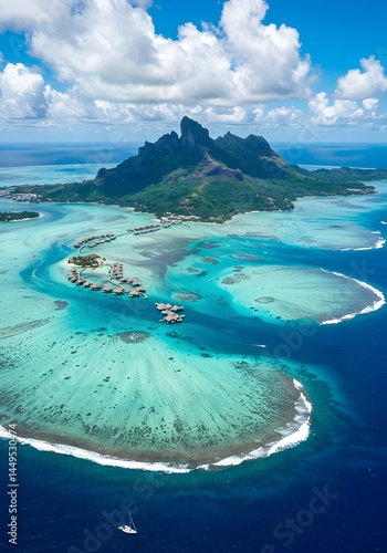 Exotic island paradise: Breathtaking aerial view of Bora Bora's turquoise lagoon, luxurious overwater bungalows, and lush volcanic peaks under a vibrant sky