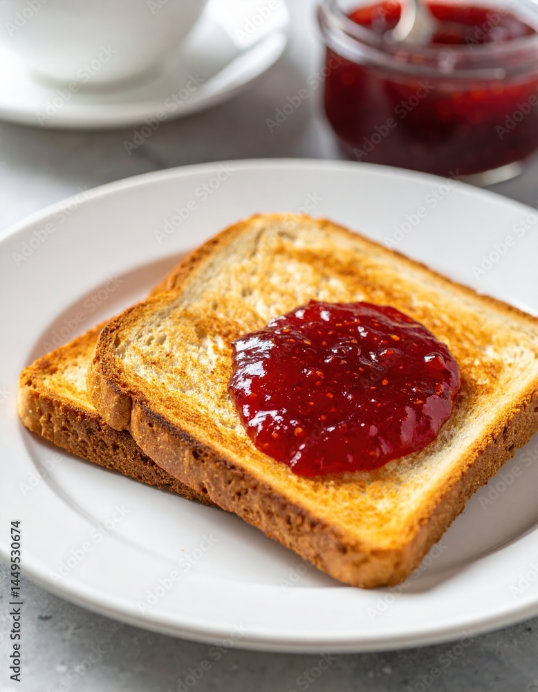Golden toast with raspberry jam on white plate and coffee cup in background Golden toast with raspberry jam on white plate and coffee cup in background