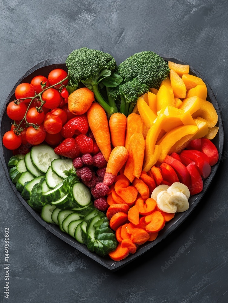 Heart Shaped Tray Filled with Colorful Fresh Vegetables and Fruits on Dark Background