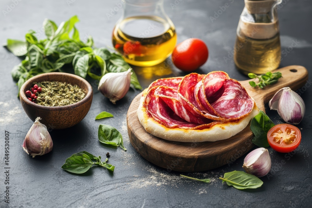 Delicious salami pizza with fresh basil and garlic on a dark stone surface ready to be served
