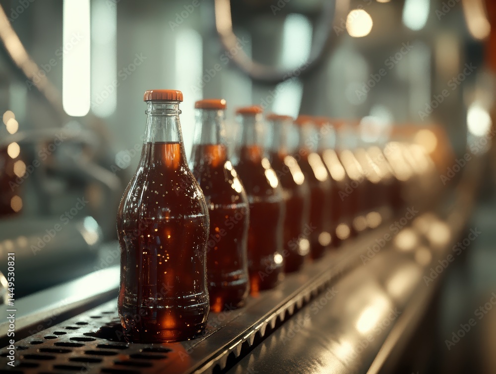 Bottling line showing glass bottles filled with brown liquid on a conveyor belt in a factory