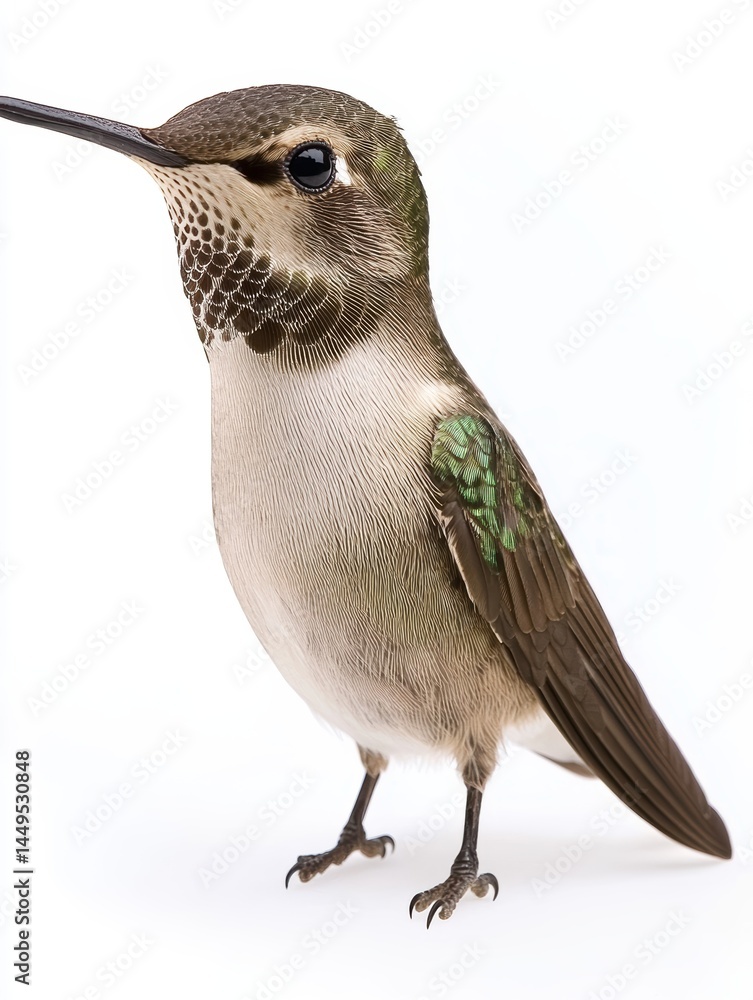 Anna's hummingbird portrait on white background with detailed feathers and iridescent green markings