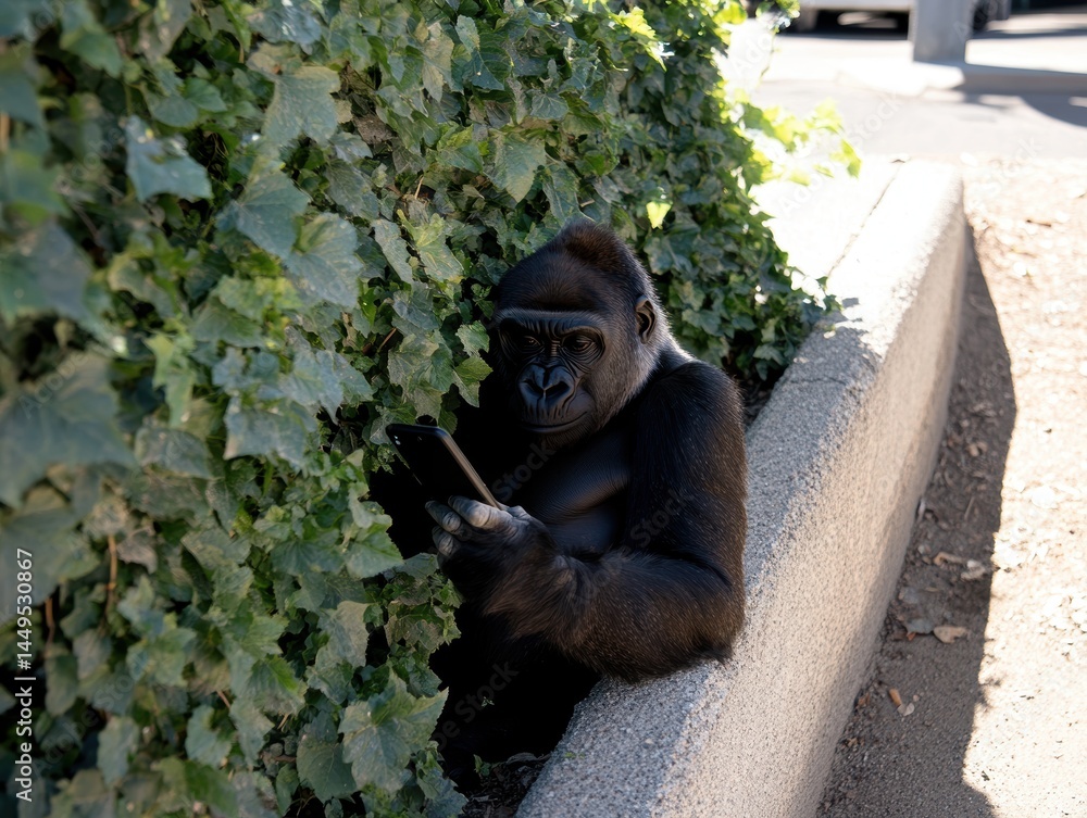 Gorilla engrossed in a smartphone near lush ivy and concrete curb on a sunny afternoon
