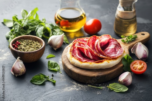 Obraz na płótnie Delicious salami pizza with fresh basil and garlic on a dark stone surface ready to be served w salonie