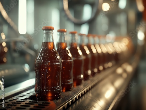 Obraz na płótnie Bottling line showing glass bottles filled with brown liquid on a conveyor belt in a factory w salonie