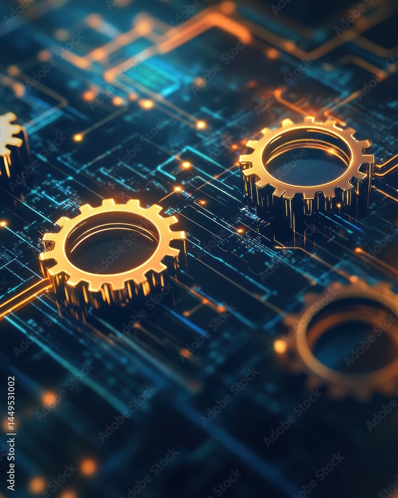 Golden Gears on a Circuit Board Symbolizing Technological Innovation and Mechanical Precision