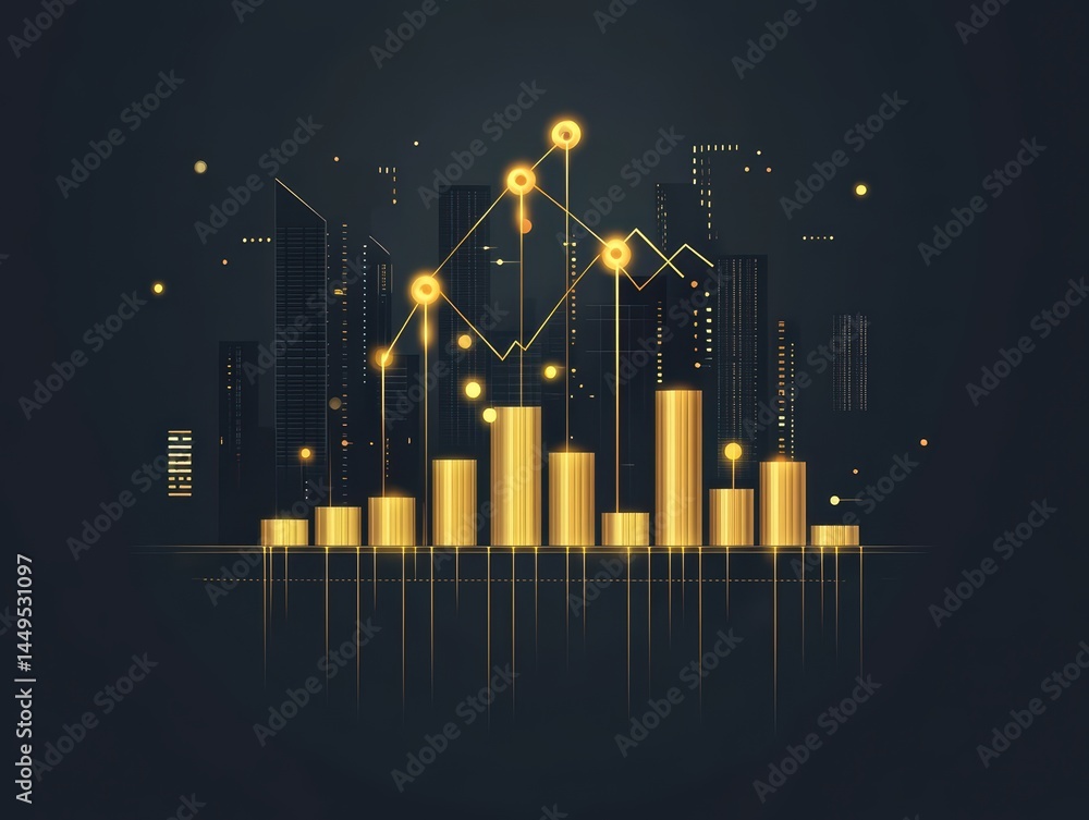 Abstract Financial Growth Chart with Cityscape Background in Golden Hues Illustration