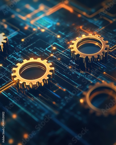 Obraz na płótnie Golden Gears on a Circuit Board Symbolizing Technological Innovation and Mechanical Precision w salonie