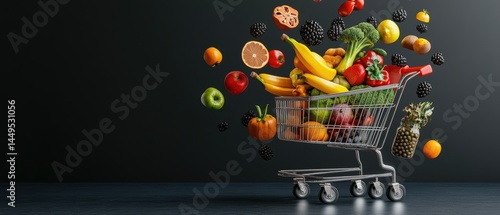 Healthy Shopping Cart Overflowing with Fresh Produce on Dark Background Still Life