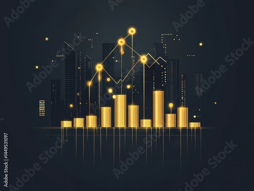 Obraz na płótnie Abstract Financial Growth Chart with Cityscape Background in Golden Hues Illustration w salonie