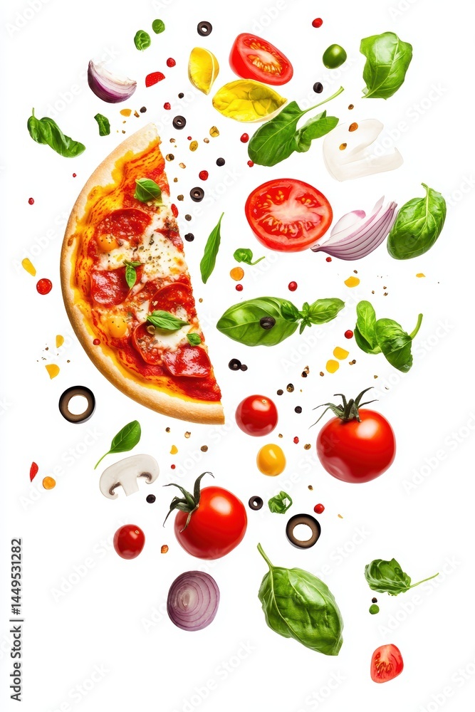 Delicious Pepperoni Pizza Slice with Fresh Ingredients Floating on White Background