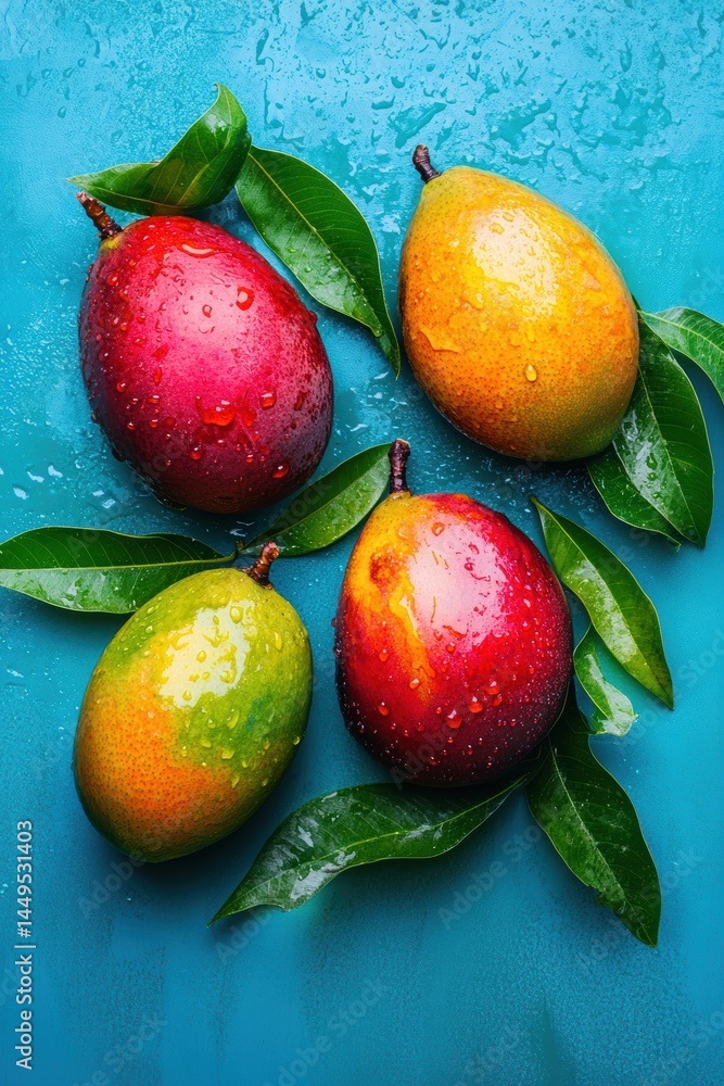 Fresh Mangoes with Leaves on a Turquoise Surface for a Vibrant Tropical Still Life