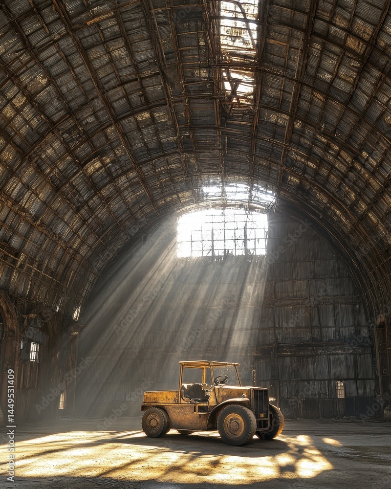 Abandoned Warehouse with Sunbeams and Vintage Vehicle in Industrial Decay and Rustic Charm