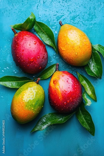Obraz na płótnie Fresh Mangoes with Leaves on a Turquoise Surface for a Vibrant Tropical Still Life w salonie