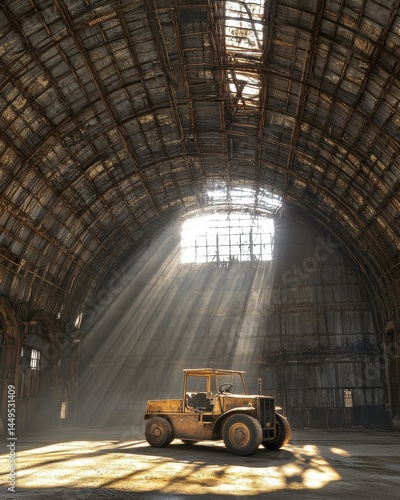 Obraz na płótnie Abandoned Warehouse with Sunbeams and Vintage Vehicle in Industrial Decay and Rustic Charm w salonie