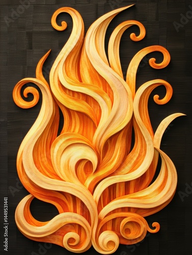 Intricate Paper Art Depicting Abstract Flames in Shades of Orange and Cream on Dark Backdrop
