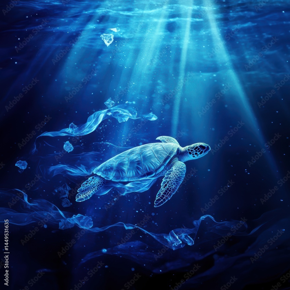 Sea turtle swimming through ocean with plastic pollution in blue light rays