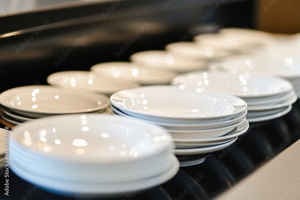Stacked White Plates on a Black Surface Ready for a Meal Service or Restaurant Buffet Style