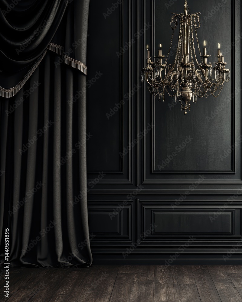 Elegant interior with dark wood paneling chandelier and luxurious black curtain backdrop design