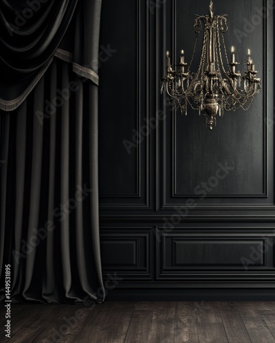 Elegant interior with dark wood paneling chandelier and luxurious black curtain backdrop design