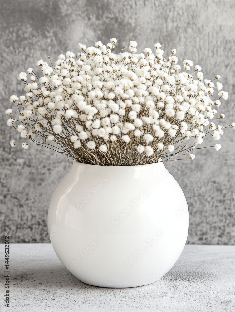 Delicate White Flowers in a Round Vase Against a Textured Gray Backdrop Still Life Image