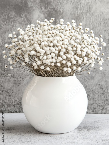 Obraz na płótnie Delicate White Flowers in a Round Vase Against a Textured Gray Backdrop Still Life Image w salonie